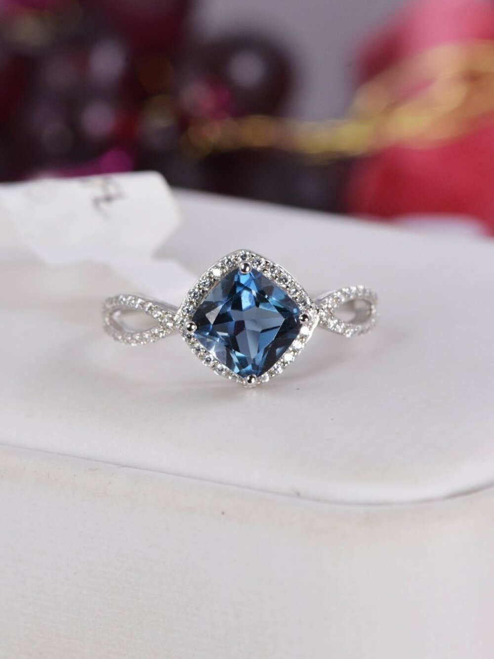 Natural Cushion Cut London Blue Topaz Ring Real 925 Sterling sz 8